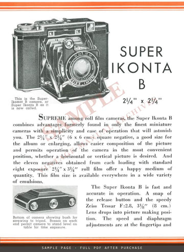 Zeiss Ikon Super Ikonta B 2¼ x 2¼ – Carl Zeiss, Inc. Leaflet CAM 69, 1937 – sample page 1 (watermarked preview)