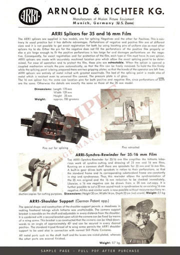 ARRI Splicers, Rewinder, Film Meter and Shoulder Support – Technical Information – sample page 1 (watermarked preview)
