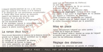 Bolex Macro-Switar f=26mm Lens – Instruction Manual for H16 Reflex – sample page 1 (watermarked preview)