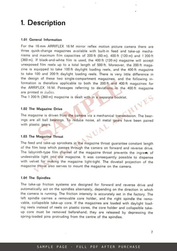 Arriflex 16 M – 200 ft and 400 ft Magazines: Description, Operation, Maintenance – sample page 1 (watermarked preview)