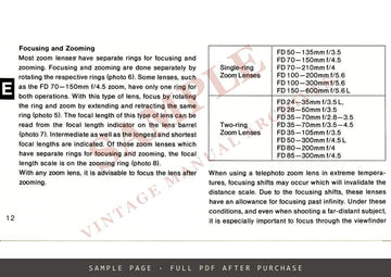 Canon FD Zoom Lenses – Instructions, English, French, German and Spanish – sample page 1 (watermarked preview)