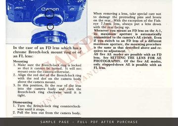 Canon A-1 SLR Camera – Instructions, English – sample page 1 (watermarked preview)