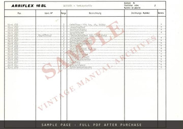 Arriflex 16 BL – Spare Parts List (Ersatzteilliste / Liste des pièces de rechange) – sample page 1 (watermarked preview)