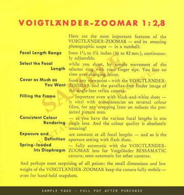 Voigtländer-Zoomar 1:2.8 Zoom Lens for Bessamatic – Sales Brochure, c. 1959 – sample page 1 (watermarked preview)