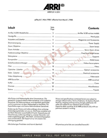 Arriflex 16 SR II – Preisliste / Price List (German & English) – sample page 1 (watermarked preview)