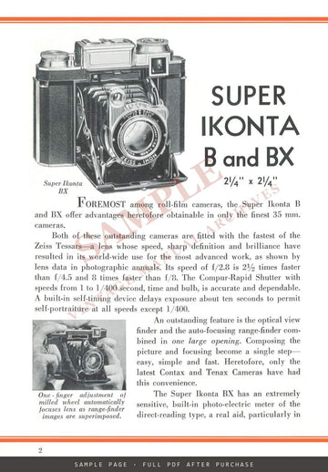 Zeiss Ikon Super Ikonta B & BX – Carl Zeiss, Inc. Leaflet CAM 223, 1941 – sample page 1 (watermarked preview)