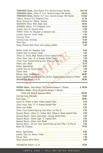 Voigtländer Cameras, Lenses & Accessories – US Price List, November 1954 – sample page 1 (watermarked preview)