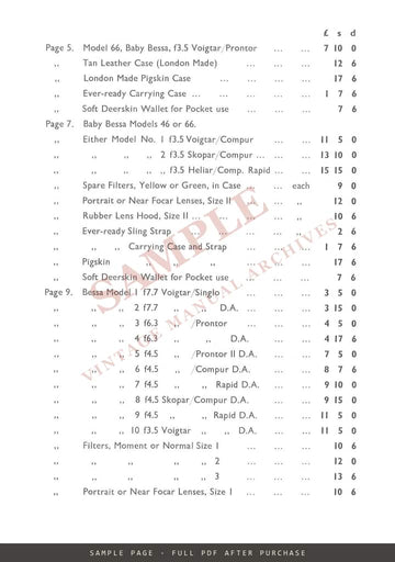 Voigtländer Cameras and Accessories – UK Price List, December 1939 (J. Jeffrey, London) – sample page 1 (watermarked preview)