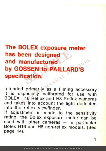 Bolex Exposure Meter – Instructions for Use, English – sample page 1 (watermarked preview)