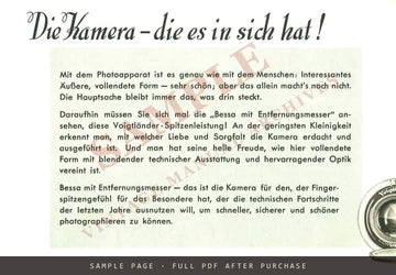 Voigtländer Bessa mit Entfernungsmesser – "Die Kamera, die es in sich hat!" Folder, April 1937 – sample page 1 (watermarked preview)
