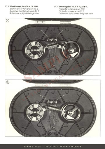 ARRI Techn-Information: Adjustment of Arriflex Magazine Friction Drives, German & English – sample page 1 (watermarked preview)