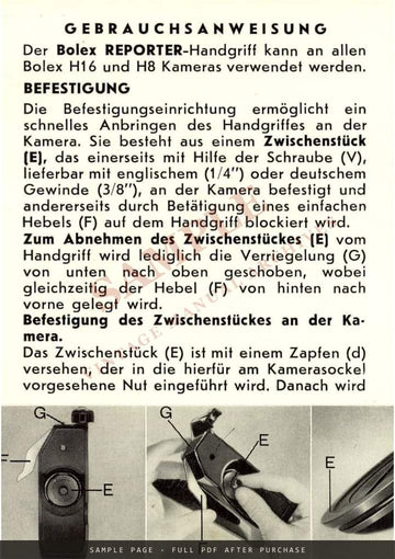 Bolex Reporter Handgriff – Gebrauchsanweisung, German – sample page 1 (watermarked preview)