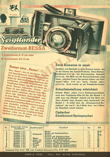 Voigtländer "So gut schon vor 99 Jahren" – Bessa and Brillant Folder, April 1939 – sample page 1 (watermarked preview)