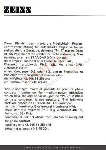 Carl Zeiss Ph-Diaphragm Carrier – Operating Instructions, Multilingual – sample page 1 (watermarked preview)