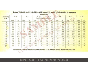 Kern-Paillard Depth of Field Table – 75 mm (3 in.) Lenses for Bolex 16 mm Cameras – sample page 1