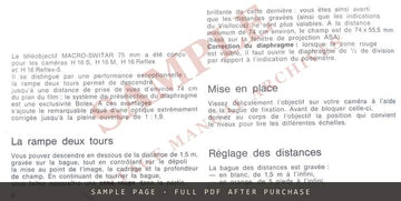 Bolex Macro-Switar f=75mm Lens – Instruction Manual for 16mm Reflex Cameras – sample page 1 (watermarked preview)