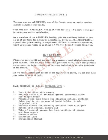 Arriflex 16S/B and 16S/B-GS – Operating Manual, English – sample page 1 (watermarked preview)