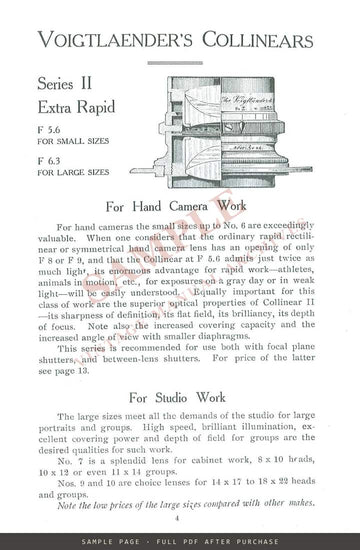 Voigtländer & Son Optical Co. Catalogue of Photographic Lenses, c. 1905 – sample page 1 (watermarked preview)