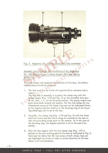 ARRI Assembly Instructions for the Angénieux 25–250 mm Zoom Lens in Blimp 120 S and 300 – sample page 1 (watermarked preview)