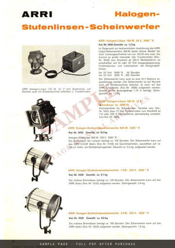 ARRI Beleuchtungsgeräte (Halogen & Metallhalogen) – German Lighting Brochure – sample page 1 (watermarked preview)