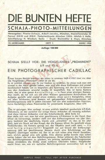 Die Bunten Hefte – Schaja Photo-Mitteilungen, Heft 1, April 1933, with Voigtländer Prominent – sample page 1 (watermarked preview)