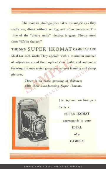 Zeiss Ikon Super Ikomat (Super Ikonta) A, C & D – Carl Zeiss, Inc. Leaflet CAM 43, 1936 – sample page 1 (watermarked preview)