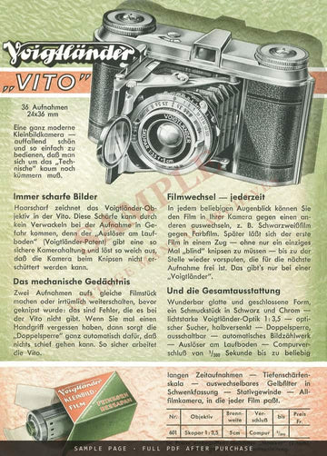 Voigtländer Vito and Bessa – German Folder with Swiss Franc Prices, 1941 – sample page 1 (watermarked preview)