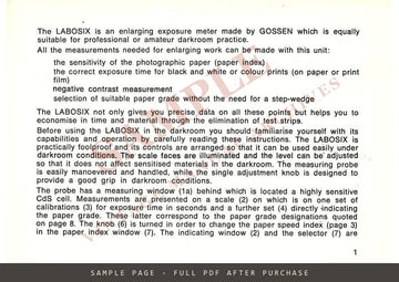 Gossen Labosix Darkroom Meter – Instructions for Use, English – sample page 1 (watermarked preview)