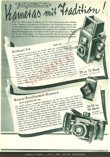 Voigtländer "Kameras mit Tradition" – Brillant V6, Bessa and Superb Ad Sheet, April 1938 – sample page 1 (watermarked preview)