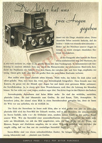 Voigtländer "Plastische Fotografie" – Stereo Cameras Folder, May 1938 – sample page 1 (watermarked preview)
