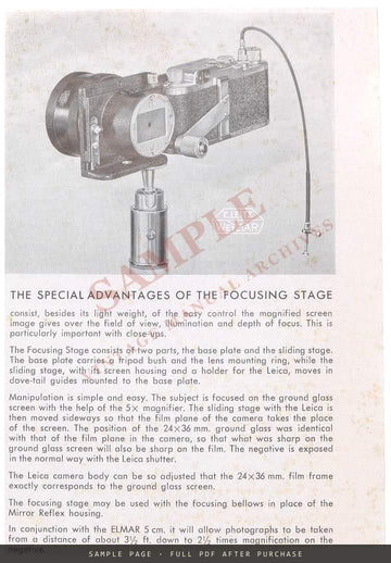 Leica Focusing Stage with Ground Glass Focusing – Ernst Leitz Wetzlar Leaflet – sample page 1 (watermarked preview)