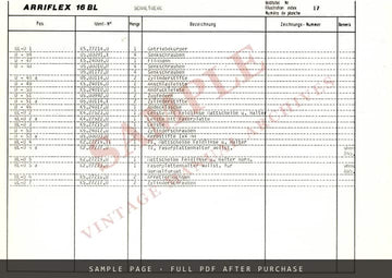 Arriflex 16 BL – Spare Parts List (Ersatzteilliste / Liste des pièces de rechange) – sample page 2 (watermarked preview)
