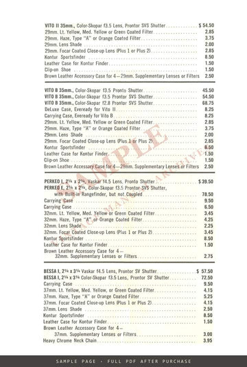 Voigtländer Cameras, Lenses & Accessories – US Price List, November 1954 – sample page 2 (watermarked preview)