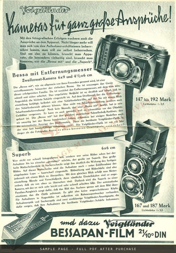 Voigtländer "Kameras mit Tradition" – Brillant V6, Bessa and Superb Ad Sheet, April 1938 – sample page 2 (watermarked preview)