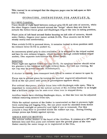Arriflex 16 – Instruction Booklet for the Mirror Reflex 16mm Camera, English – sample page 2 (watermarked preview)