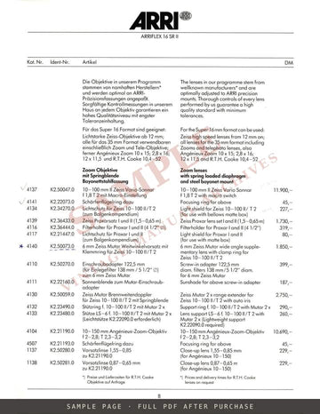 Arriflex 16 SR II – Preisliste / Price List (German & English) – sample page 2 (watermarked preview)