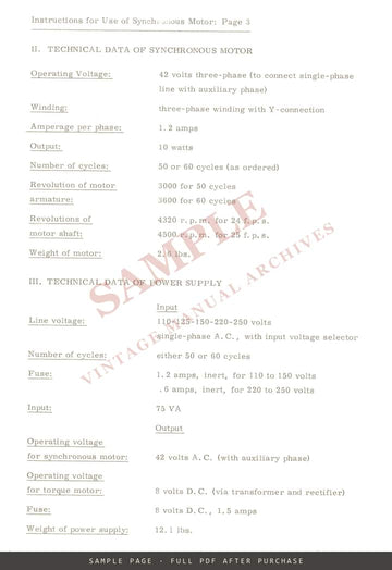 Arriflex 16 Synchronous Motor & Power Supply – Operating Instructions – sample page 3 (watermarked preview)