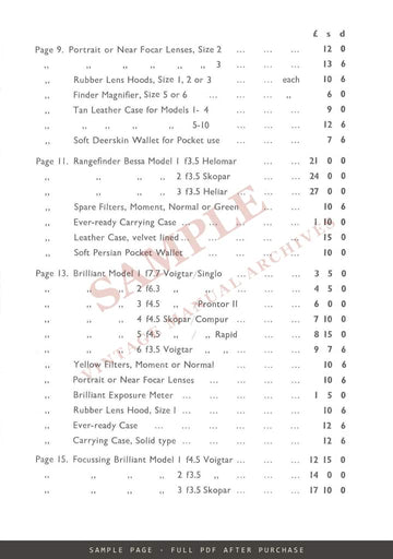 Voigtländer Cameras and Accessories – UK Price List, December 1939 (J. Jeffrey, London) – sample page 2 (watermarked preview)