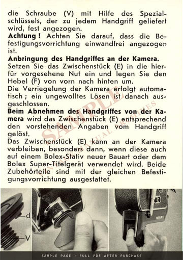 Bolex Reporter Handgriff – Gebrauchsanweisung, German – sample page 2 (watermarked preview)