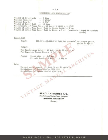 Arriflex 16 Synchronous Motor – Instructions for Use, English – sample page 2 (watermarked preview)