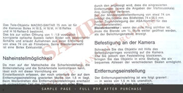 Bolex Macro-Switar f=75mm Lens – Instruction Manual for 16mm Reflex Cameras – sample page 2 (watermarked preview)