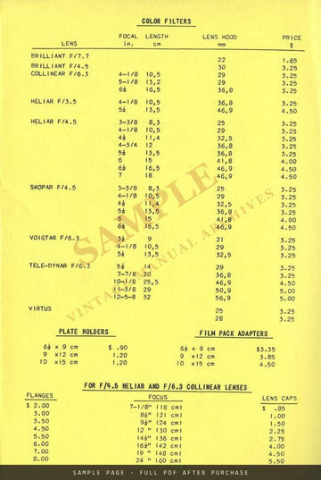 Voigtländer Price List, August 1935 – US Dollar Prices – sample page 2 (watermarked preview)