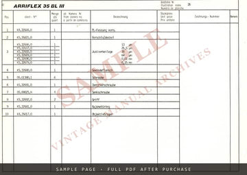 Arriflex 35 BL III – Spare Parts List (Ersatzteilliste / Liste des pièces de rechange) – sample page 2 (watermarked preview)