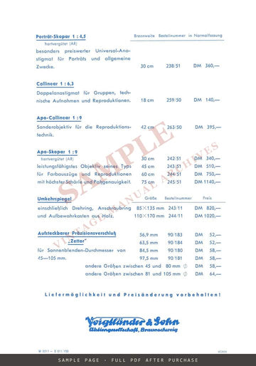 Voigtländer Lens Price List (Preisblatt für Objektive) – German, DM Prices – sample page 2 (watermarked preview)
