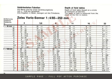 Contarex Tables (Tabellen, Tableaux, Tablas) – Depth of Field, Metre Edition – sample page 2 (watermarked preview)