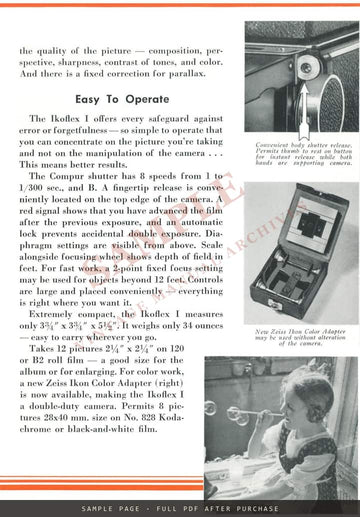 Zeiss Ikon Ikoflex I Twin-Lens Reflex – Carl Zeiss, Inc. Leaflet CAM 229, 1940 – sample page 2 (watermarked preview)