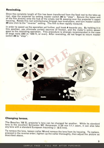 Beaulieu 708 EL Super 8 Sound Projector – Handbook, English – sample page 2 (watermarked preview)