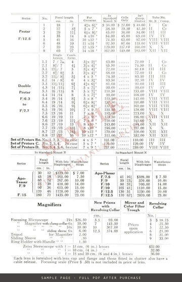 Carl Zeiss Jena Price List No. 7 – Photographic Lenses and Accessories, June 1932 – sample page 2 (watermarked preview)