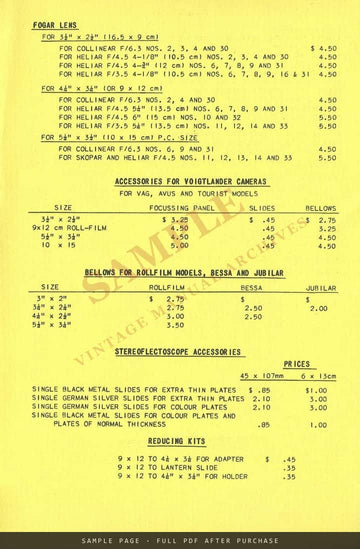 Voigtländer Price List, August 1935 – US Dollar Prices – sample page 3 (watermarked preview)