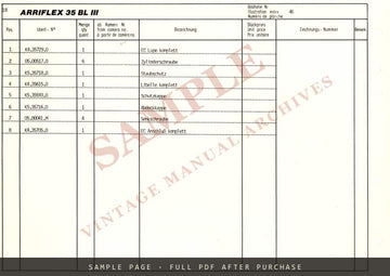 Arriflex 35 BL III – Spare Parts List (Ersatzteilliste / Liste des pièces de rechange) – sample page 3 (watermarked preview)